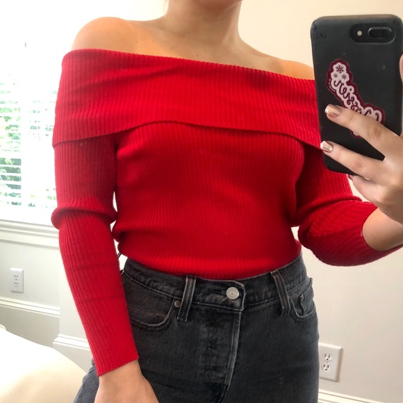 525 America Sweaters - Red Off-The-Shoulder Sweater